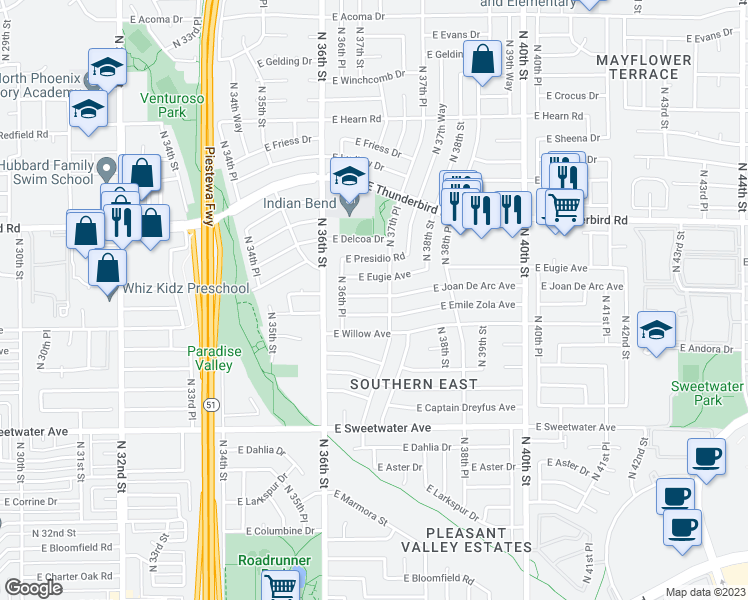 map of restaurants, bars, coffee shops, grocery stores, and more near 3701 East Joan De Arc Avenue in Phoenix