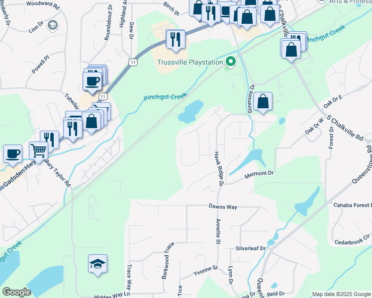map of restaurants, bars, coffee shops, grocery stores, and more near 3532 Harrier Road in Trussville