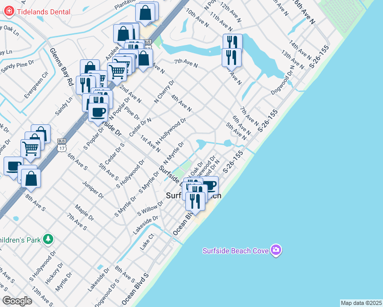 map of restaurants, bars, coffee shops, grocery stores, and more near 415 2nd Avenue North in Surfside Beach