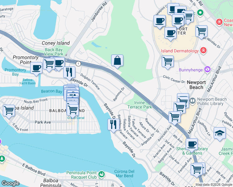 map of restaurants, bars, coffee shops, grocery stores, and more near 1536 Serenade Terrace in Newport Beach