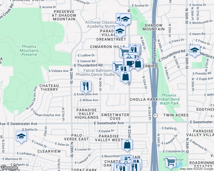 map of restaurants, bars, coffee shops, grocery stores, and more near 3033 East Thunderbird Road in Phoenix