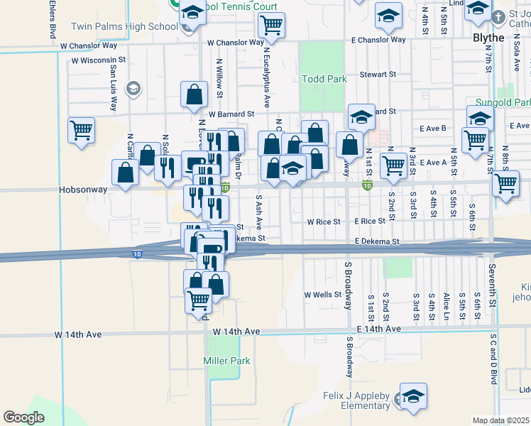map of restaurants, bars, coffee shops, grocery stores, and more near 160 South Ash Avenue in Blythe