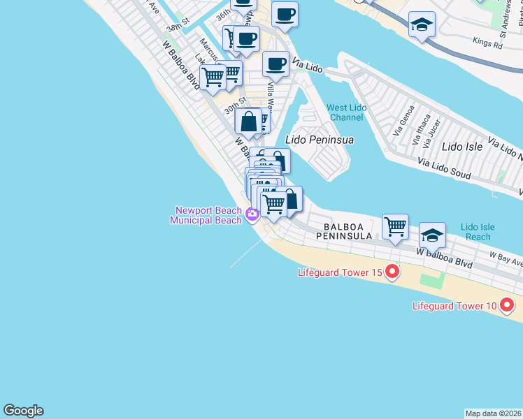 map of restaurants, bars, coffee shops, grocery stores, and more near 2122 West Oceanfront in Newport Beach