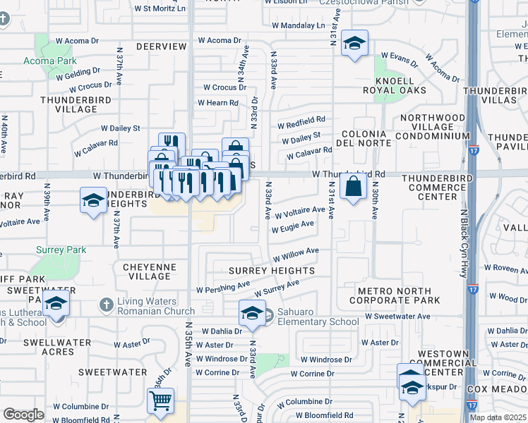 map of restaurants, bars, coffee shops, grocery stores, and more near 13608 North 33rd Avenue in Phoenix