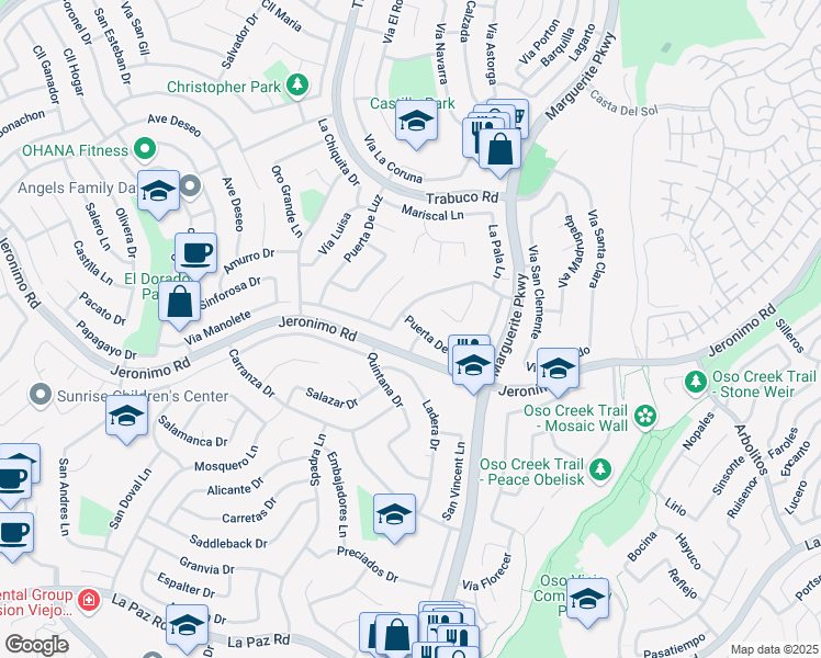 map of restaurants, bars, coffee shops, grocery stores, and more near 27072 Puerta Del Oro in Mission Viejo
