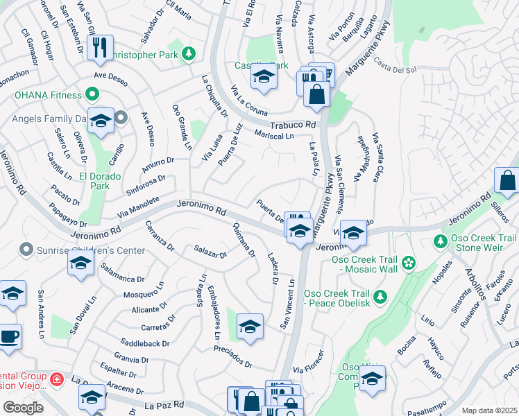 map of restaurants, bars, coffee shops, grocery stores, and more near 27072 Puerta Del Oro in Mission Viejo