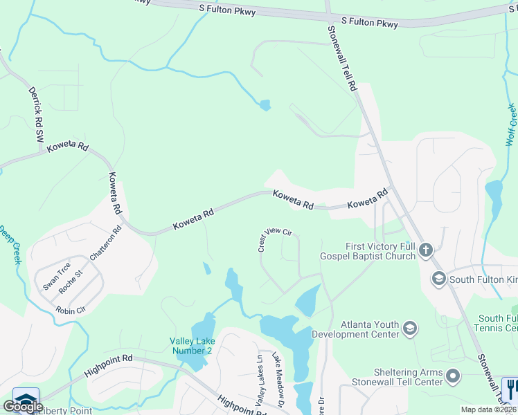 map of restaurants, bars, coffee shops, grocery stores, and more near 5380 Koweta Road in College Park