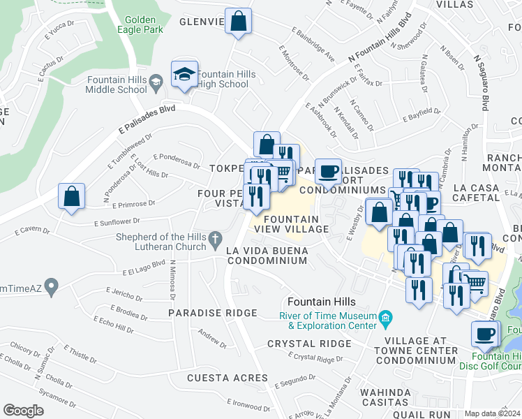 map of restaurants, bars, coffee shops, grocery stores, and more near 13545 North Fountain Hills Boulevard in Fountain Hills