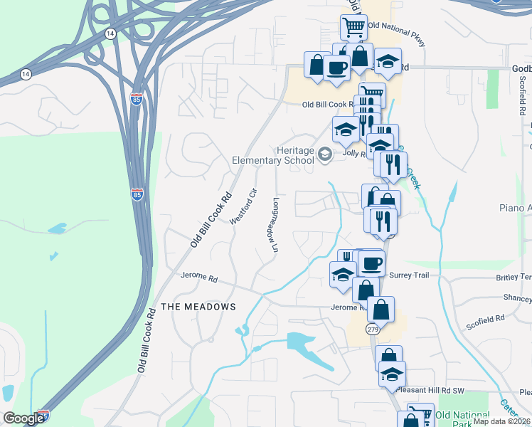 map of restaurants, bars, coffee shops, grocery stores, and more near 5395 Longmeadow Ln in College Park