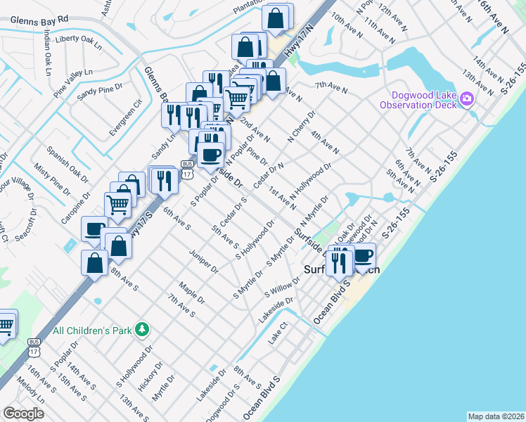 map of restaurants, bars, coffee shops, grocery stores, and more near 617 Surfside Drive in Surfside Beach