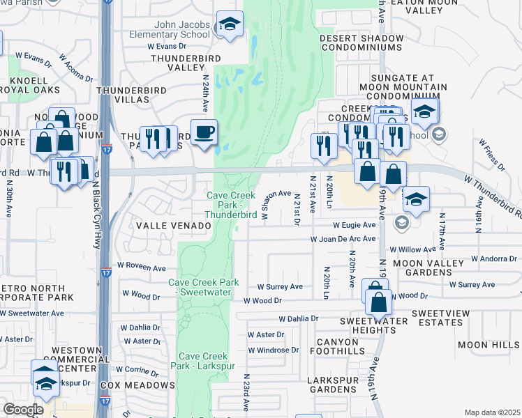map of restaurants, bars, coffee shops, grocery stores, and more near 2182 West Sharon Avenue in Phoenix