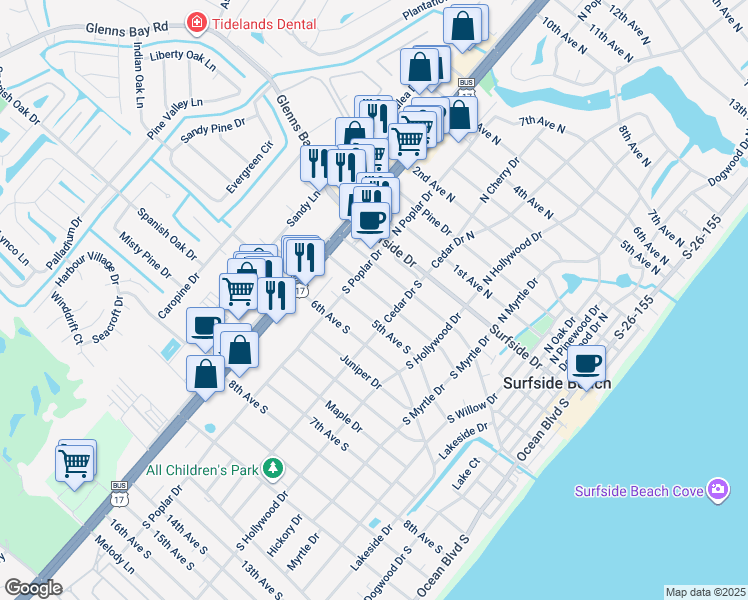 map of restaurants, bars, coffee shops, grocery stores, and more near 719 4th Avenue South in Surfside Beach