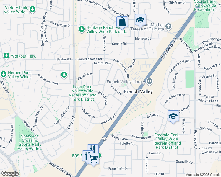 map of restaurants, bars, coffee shops, grocery stores, and more near 31343 Kailua Drive in Winchester