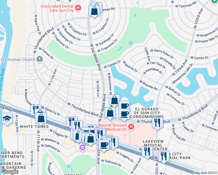 map of restaurants, bars, coffee shops, grocery stores, and more near 13660 N Buccaneer Way in Sun City