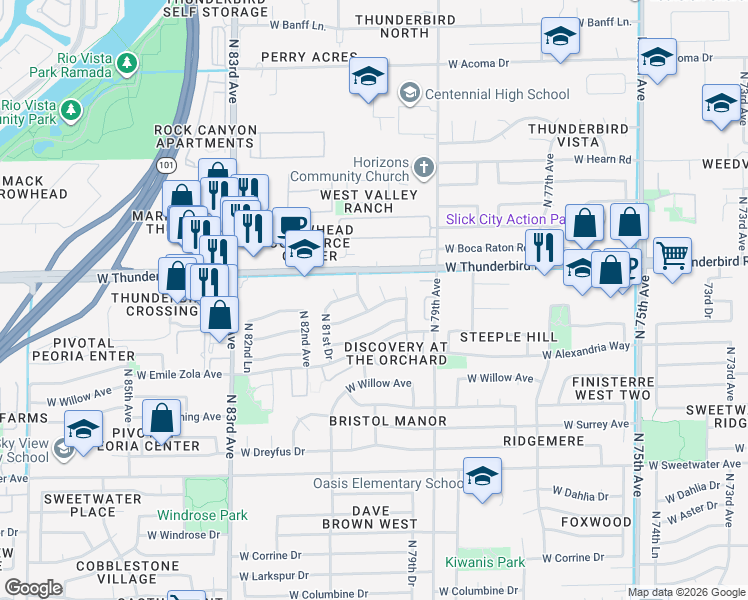 map of restaurants, bars, coffee shops, grocery stores, and more near 8016 West Rue De Lamour in Peoria