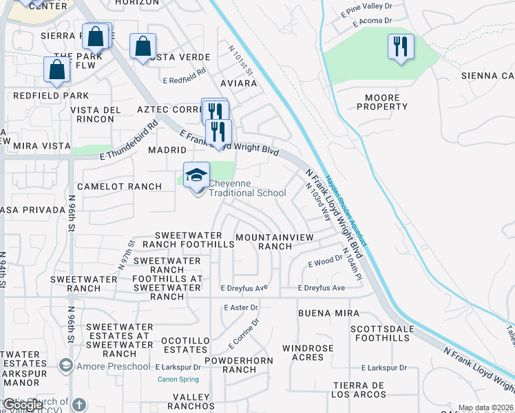 map of restaurants, bars, coffee shops, grocery stores, and more near 13549 North 102nd Place in Scottsdale