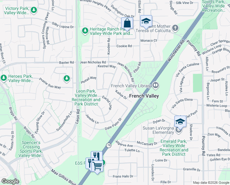 map of restaurants, bars, coffee shops, grocery stores, and more near 31343 Kailua Drive in Winchester