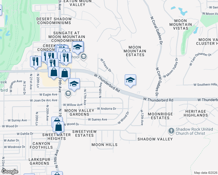map of restaurants, bars, coffee shops, grocery stores, and more near 1515 West Thunderbird Road in Phoenix