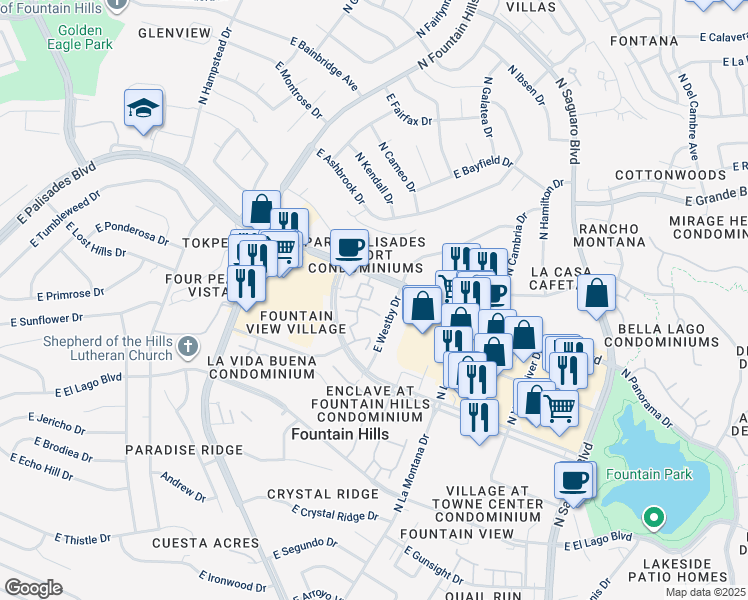 map of restaurants, bars, coffee shops, grocery stores, and more near 16450 East Avenue of the Fountains in Fountain Hills