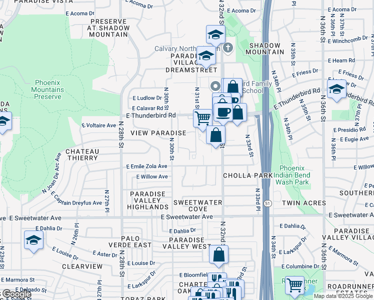 map of restaurants, bars, coffee shops, grocery stores, and more near 3033 East Thunderbird Road in Phoenix