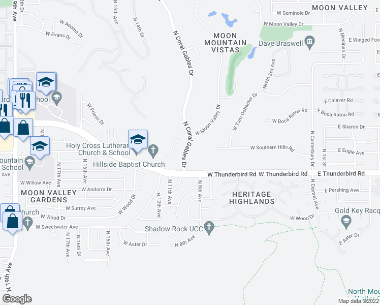 map of restaurants, bars, coffee shops, grocery stores, and more near 13445 North Coral Gables Drive in Phoenix