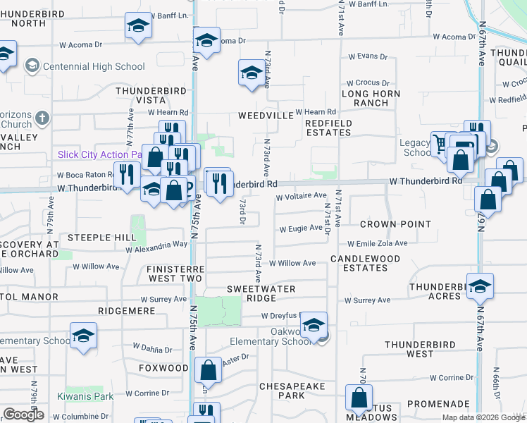 map of restaurants, bars, coffee shops, grocery stores, and more near 7312 West Rue De Lamour in Peoria