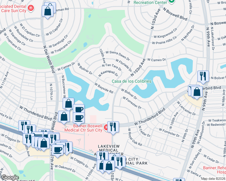 map of restaurants, bars, coffee shops, grocery stores, and more near 10302 West Bayside Road in Sun City