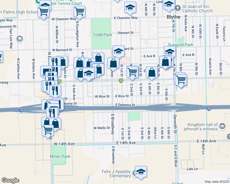 map of restaurants, bars, coffee shops, grocery stores, and more near 159 South Broadway in Blythe