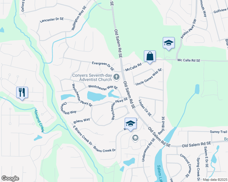 map of restaurants, bars, coffee shops, grocery stores, and more near 2505 Westchester Way Southeast in Conyers
