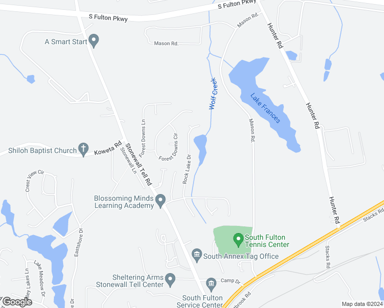 map of restaurants, bars, coffee shops, grocery stores, and more near 5466 Rock Lake Drive in Atlanta