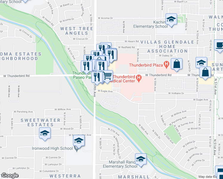 map of restaurants, bars, coffee shops, grocery stores, and more near 10002 North 57th Drive in Glendale