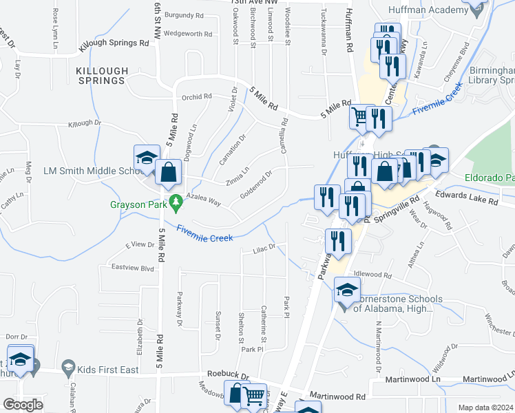 map of restaurants, bars, coffee shops, grocery stores, and more near 520 Camellia Road in Birmingham