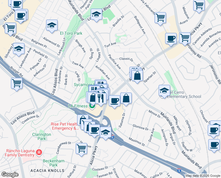 map of restaurants, bars, coffee shops, grocery stores, and more near 25312 Cassandra Court in Mission Viejo
