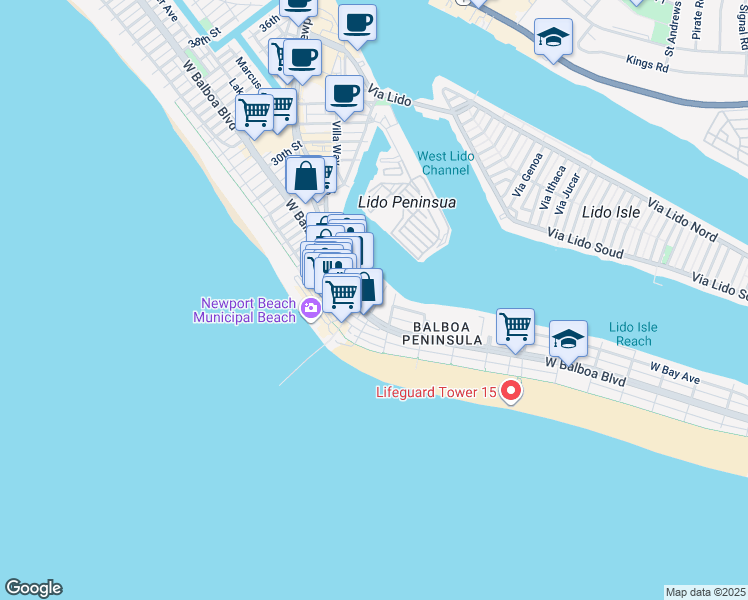 map of restaurants, bars, coffee shops, grocery stores, and more near 213 20th Street in Newport Beach