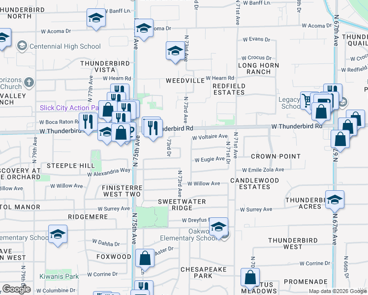 map of restaurants, bars, coffee shops, grocery stores, and more near 7312 West Rue De Lamour in Peoria