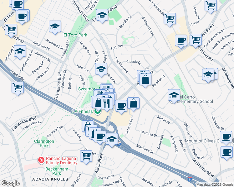 map of restaurants, bars, coffee shops, grocery stores, and more near 25312 Cassandra Court in Mission Viejo