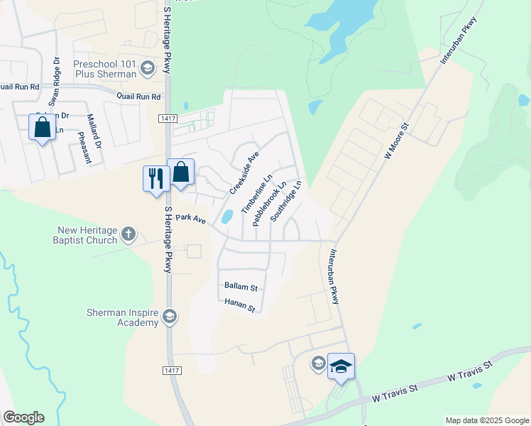 map of restaurants, bars, coffee shops, grocery stores, and more near 1829 Pebblebrook Lane in Sherman