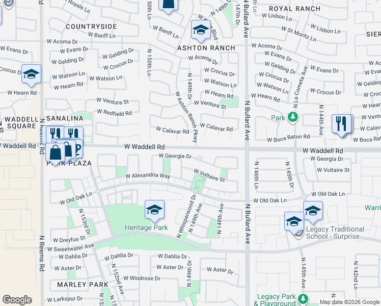 map of restaurants, bars, coffee shops, grocery stores, and more near 14934 West Georgia Drive in Surprise