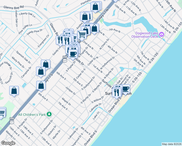map of restaurants, bars, coffee shops, grocery stores, and more near 617 Surfside Drive in Surfside Beach