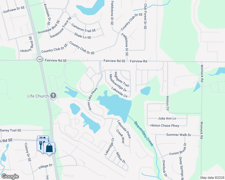 map of restaurants, bars, coffee shops, grocery stores, and more near 1025 Lakeside Circle in Covington