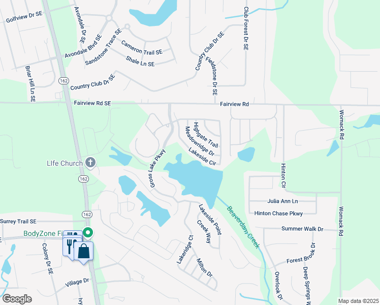 map of restaurants, bars, coffee shops, grocery stores, and more near 1025 Lakeside Circle in Covington