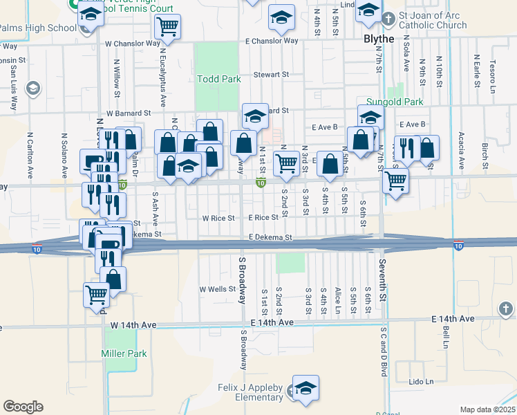 map of restaurants, bars, coffee shops, grocery stores, and more near 165 South 1st Street in Blythe