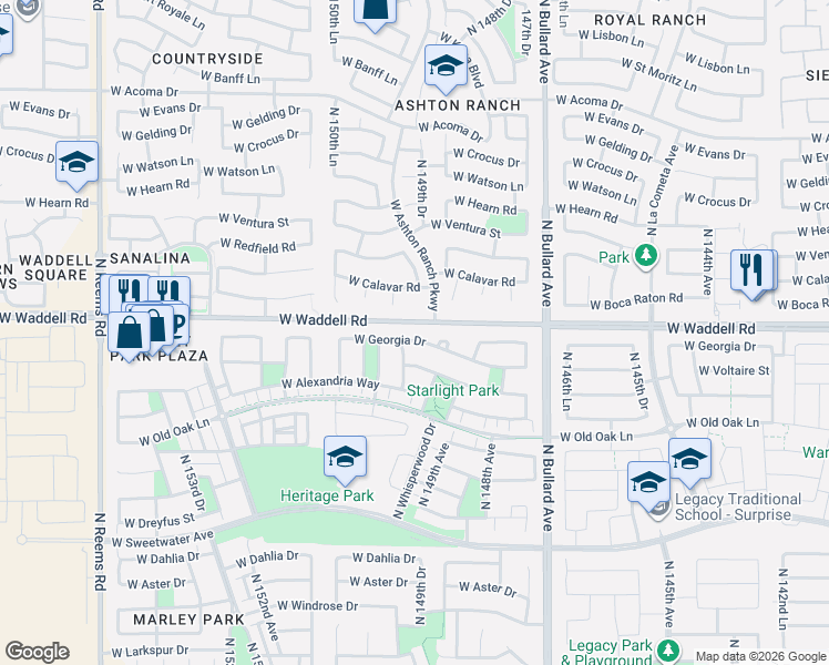 map of restaurants, bars, coffee shops, grocery stores, and more near 14934 West Georgia Drive in Surprise