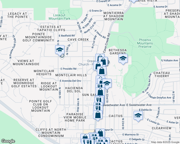 map of restaurants, bars, coffee shops, grocery stores, and more near 13420 North 21st Place in Phoenix