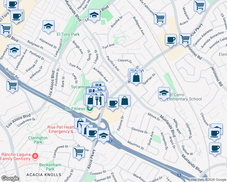 map of restaurants, bars, coffee shops, grocery stores, and more near 25331 Cassandra Court in Mission Viejo