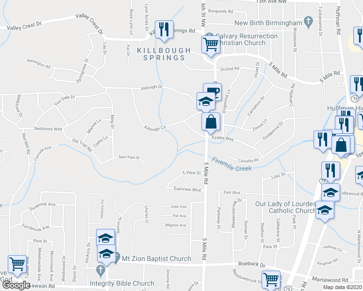 map of restaurants, bars, coffee shops, grocery stores, and more near 365 Killough Circle in Birmingham