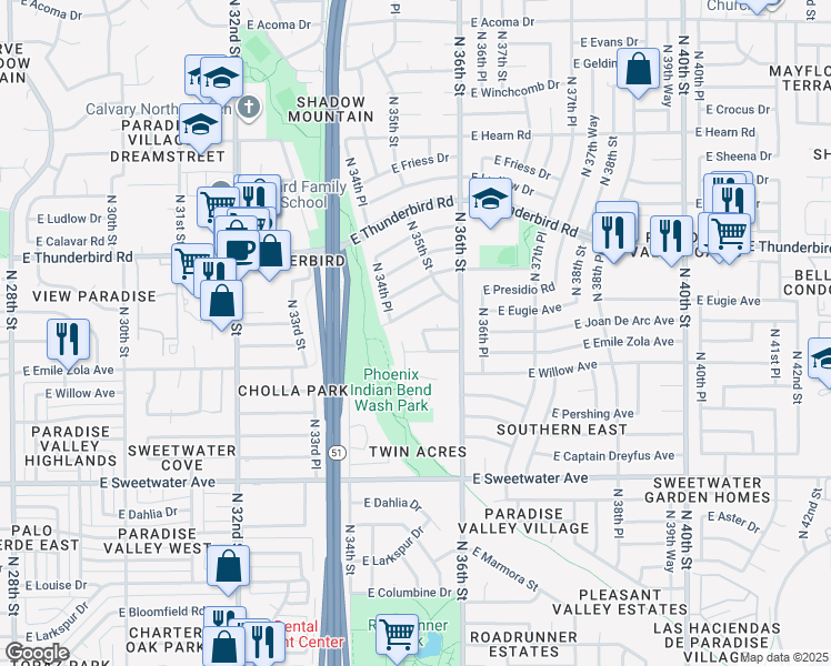 map of restaurants, bars, coffee shops, grocery stores, and more near 13426 N 35th Pl in Phoenix