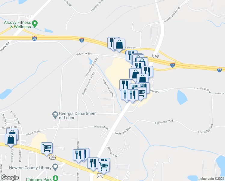 map of restaurants, bars, coffee shops, grocery stores, and more near 10196 Waterford Road Northeast in Covington