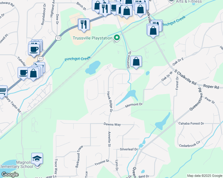 map of restaurants, bars, coffee shops, grocery stores, and more near 3630 Halcyon Trace in Trussville