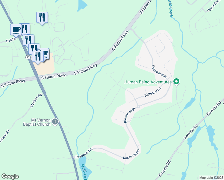 map of restaurants, bars, coffee shops, grocery stores, and more near 5584 Dendy Trace in Fairburn